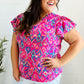 Eyes On You Fuchsia Boho Ikat Print Frill Notch Neck Top