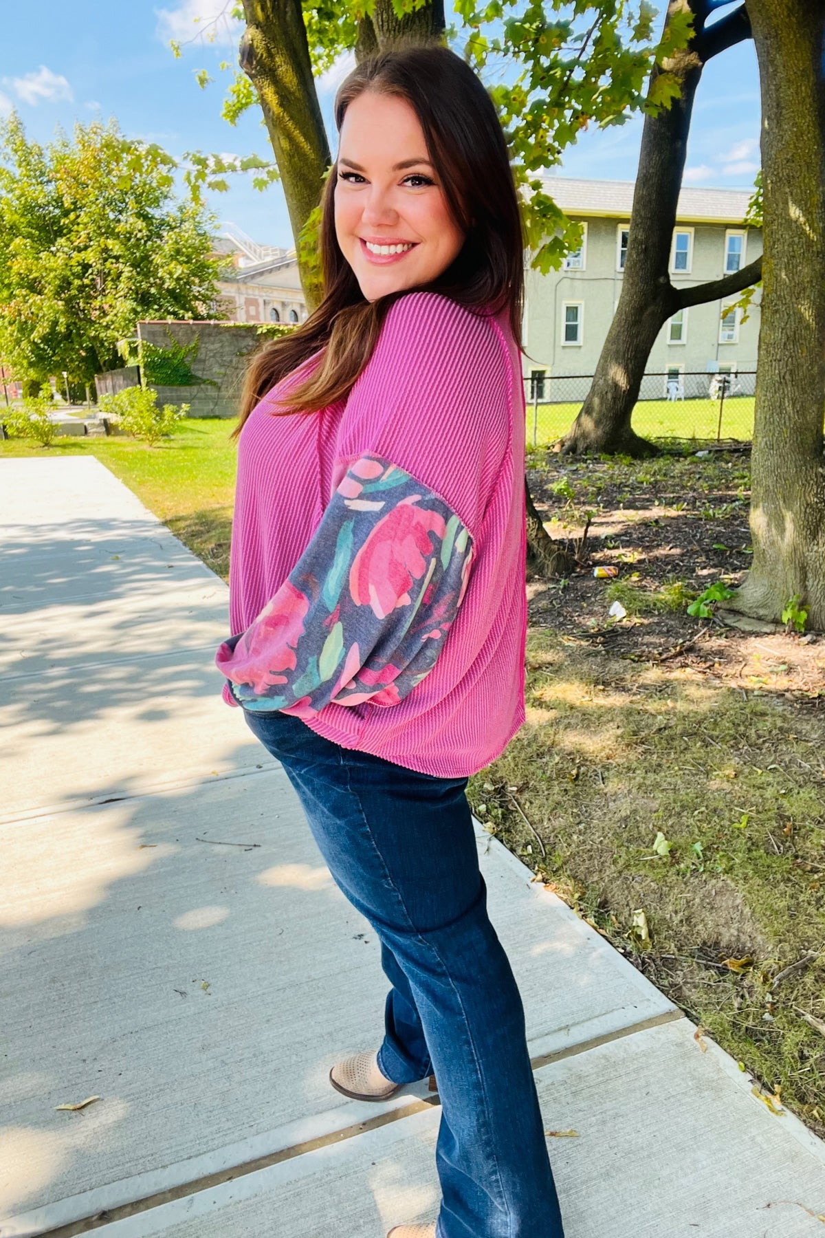 Weekend Ready Magenta & Navy Floral Mineral Wash Rib Dolman Top