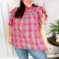 Live For Today Fuchsia Plaid Shirred Yoke Flutter Sleeve Top