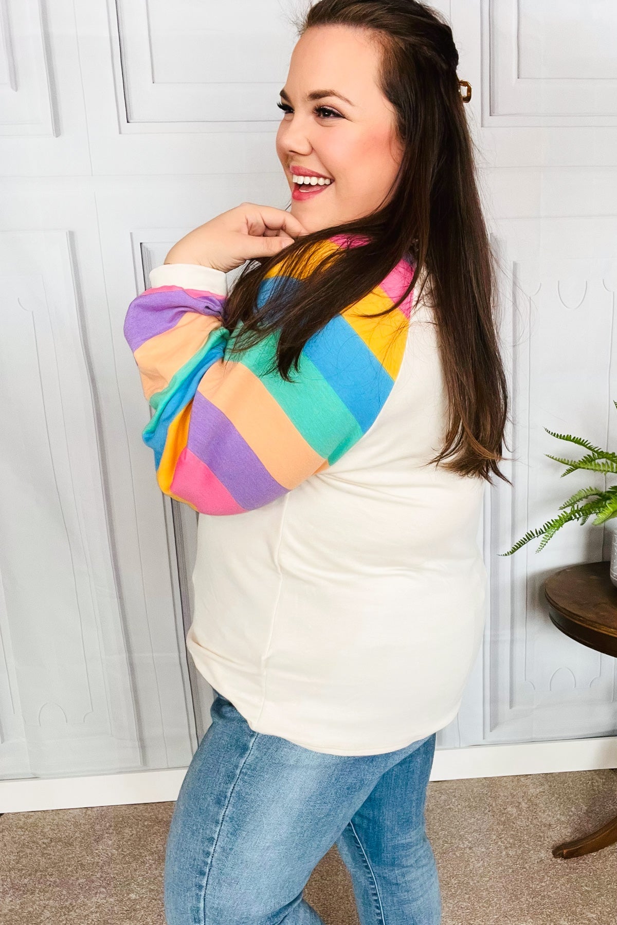 Just For You Rainbow Bubble Sleeve Terry Raglan Top