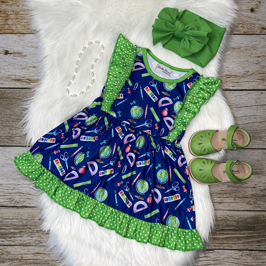 Dark Blue Back to School Dress with Green Polka Dot Ruffle