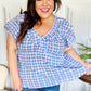 Hello Beautiful Blue Plaid V Neck Ruffle Elastic Babydoll Top