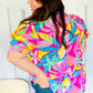 Vacay Ready Fuchsia Tropical Print Frill Mock Neck Top