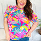 Vacay Ready Fuchsia Tropical Print Frill Mock Neck Top