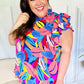 Tropical Vibes Blue & Pink Mock Neck Flutter Sleeve Top