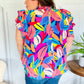 Tropical Vibes Blue & Pink Mock Neck Flutter Sleeve Top