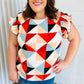 Burnt Orange Geo Print Smocked Ruffle Frill Sleeve Top