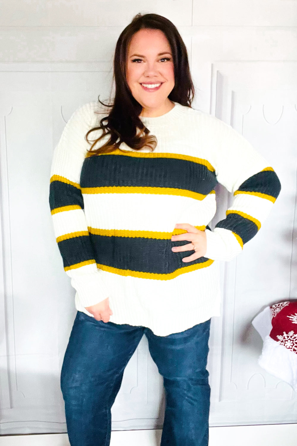 Casual Chic Yellow & Ivory Stripe Oversize Knit Sweater