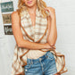 Stone Plaid Sleeveless Scalloped Vest