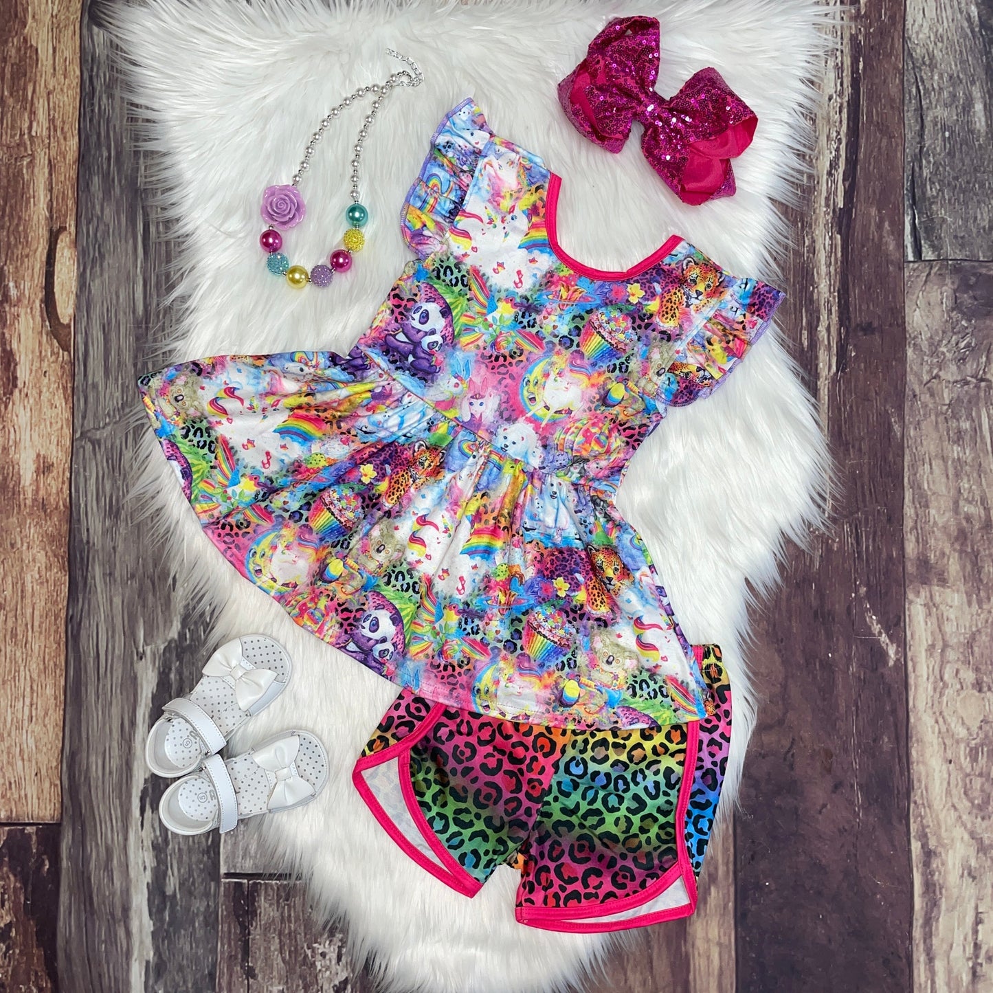 Pink Bright Animals Rainbow Flutter Sleeve Peplum Set