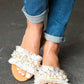 Ivory Linen Fray Beaded Faux Pearl Slide Sandal