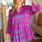 Back To Basics Fuchsia Plaid Notched Neck Babydoll Top