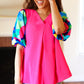 Tell Your Story Fuchsia Geo Print Puff Sleeve V Neck Top