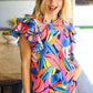 Tropical Vibes Blue & Pink Mock Neck Flutter Sleeve Top