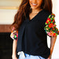 Eyes On You Black Floral Puff Sleeve V Neck Top