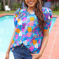 All For You Aqua Tropical Print Frill Notch Neck Puff Sleeve Top