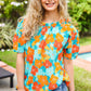 Vacay Ready Blue & Orange Floral Frill Mock Neck Top