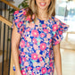 Vacay Ready Blue & Fuchsia Floral Smocked Ruffle Sleeve Top