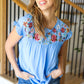 Feeling Femme' Sky Blue Floral Embroidered Yoke Ruffle Sleeve Top