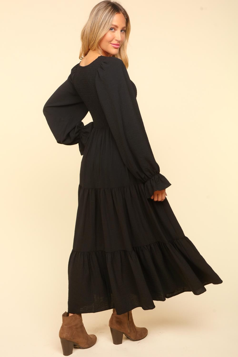 Smocking Maxi Woven Dress with Side Pockets in Black