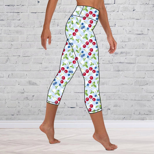 Blueberry & Cherry Print Mommy Capris Leggings