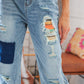 Cotton Washed High Waist Ripped Patchwork Straight Leg Jeans
