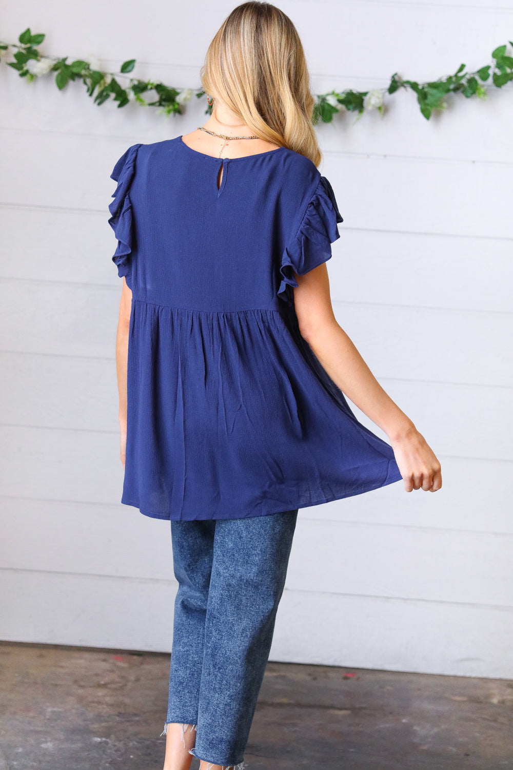 Navy Floral Embroidered Flutter Sleeve Top