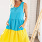 Blue Flare Color Block Tiered Woven Dress