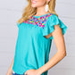 Turquoise Floral Embroidered Ruffle Sleeve Top