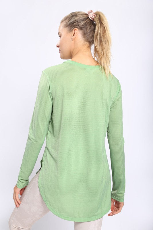Ribbed Mesh Long Sleeve Flow Top With Side Slits in Fair Green