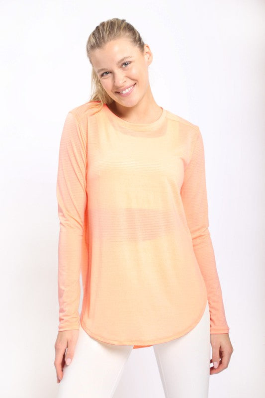 Ribbed Mesh Long Sleeve Flow Top With Side Slits in Apricot Ice
